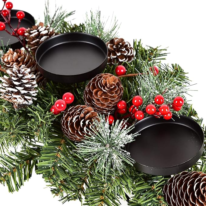 DearHouse Christmas Candle Holder Centerpiece,Pine Cones and Red Berry Table Centerpiece with 3 Candle Holders Table Accent Centerpiece for Festival Home Decoration 20"x10"x6.1"(L x W x H)