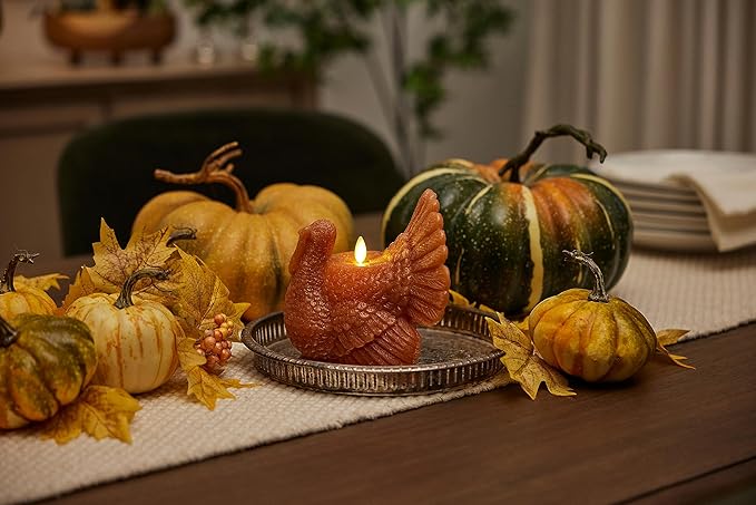 Luminara Flameless Fall Harvest Decor - Turkey Figural LED Candle Natural Color, Adobe, 5.3" x 7.5" Real Wax Moving Flame Battery Operated w/Timer