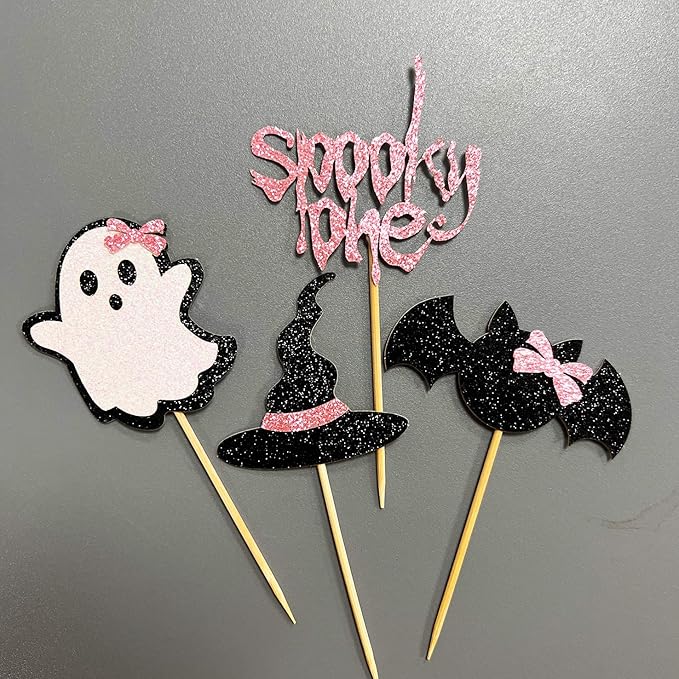 24Pcs Pink Ghost Cupcake Toppers for Halloween 1st Birthday Decorations, Spooky One Cake Picks, Bats Party Decor (Pink One)