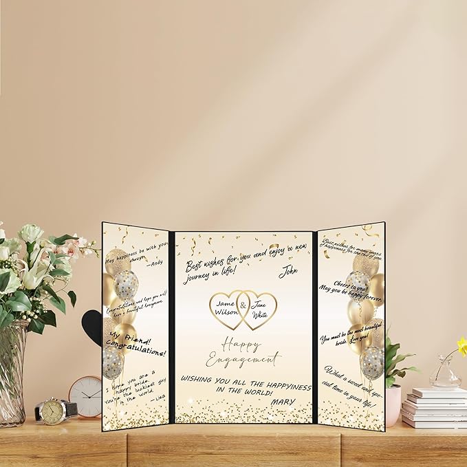 DARUNAXY Black Gold Engagement Party Decorations, Happy Engagement Alternative Signature Guest Book Just Engaged Gifts Almost Married Congratulations Engagement Signing Card Board Party Supplies