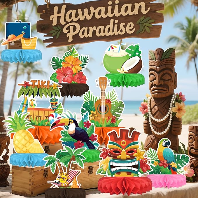 Hawaiian Luau Party Decorations Set: Aloha Theme Table Decoration with Luau Honeycomb Centerpiece for Tiki and Luau Hawaiian Party Supplies