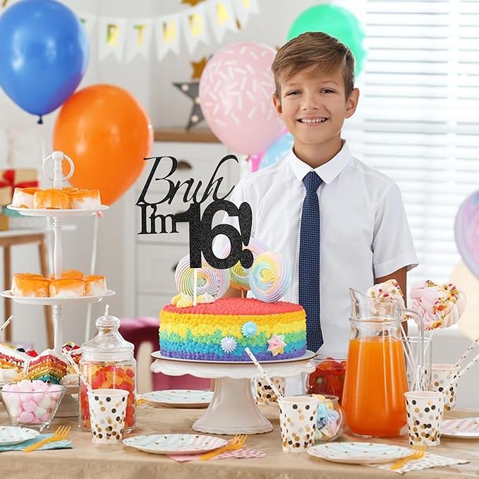 Bruh I'm 16 Cake Topper - Black Glitter Happy 16th Birthday Decorations for Boys Teens, Funny 16 Year Old Party Supplies, Bro I'm 16 Cake Decor (Bruh I'm 16!, 16th)