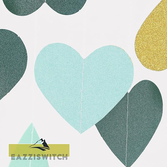 Green Bridal Shower Bachelorette Party Decorations: Gold Glitter Hearts Banner Garland Streamers Backdrop for Engagement Wedding Anniversary Birthday Christmas St Patricks Day Décor - 52 Ft