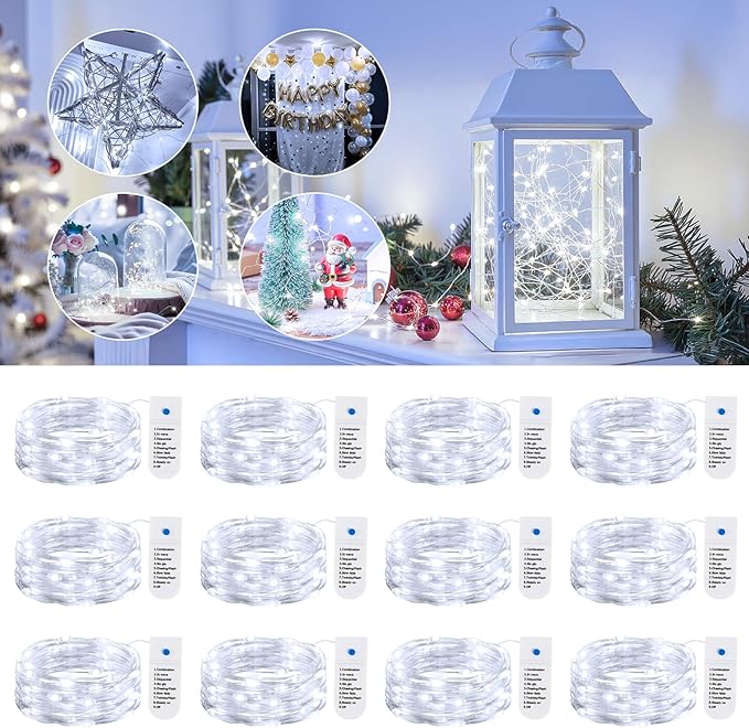 Minetom 12 Pack Fairy Lights Battery Operated String Lights, 8 Modes & Timer, 7ft 20LED White Waterproof Silver Wire Twinkle Lights, Firefly Starry Moon Lights for Mason Jars DIY Christmas Wedding