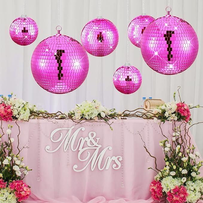 Nuenen 4 Pcs Large Pink Disco Ball Mirror Disco Ball 70s Mellow Hanging Disco Ball Stage Lightning Effect for 70s Theme Party Dj Props Wedding Birthday Decoration(8", 6", 4")