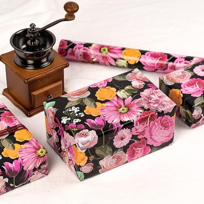 WRAPAHOLIC Reversible Floral Wrapping Paper - Mini Roll - 17 Inch X 33 Feet - Black Colorful Floral Design for Birthday, Mother's Day, Wedding, Baby Shower, Bridal Shower