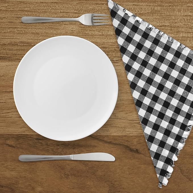 Alipis 4pcs Black and White Check Cotton Napkins with Fringe Soft Washable Reusable Cloth Napkins for Thanksgiving Weddings Fall Parties and Everyday Dining