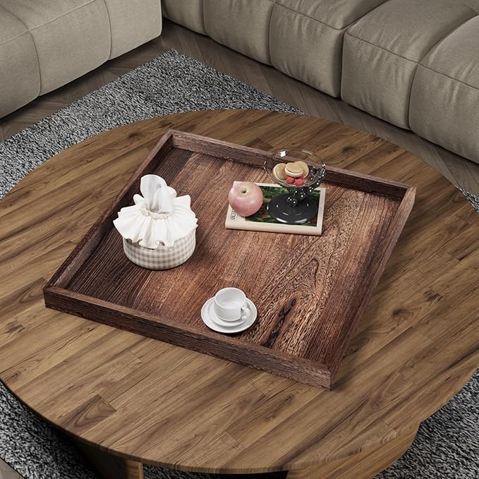 Ottoman Tray for Coffee Table Living Room Wood Serving Tray Large Wooden Square 20 Inches Rustic Brown