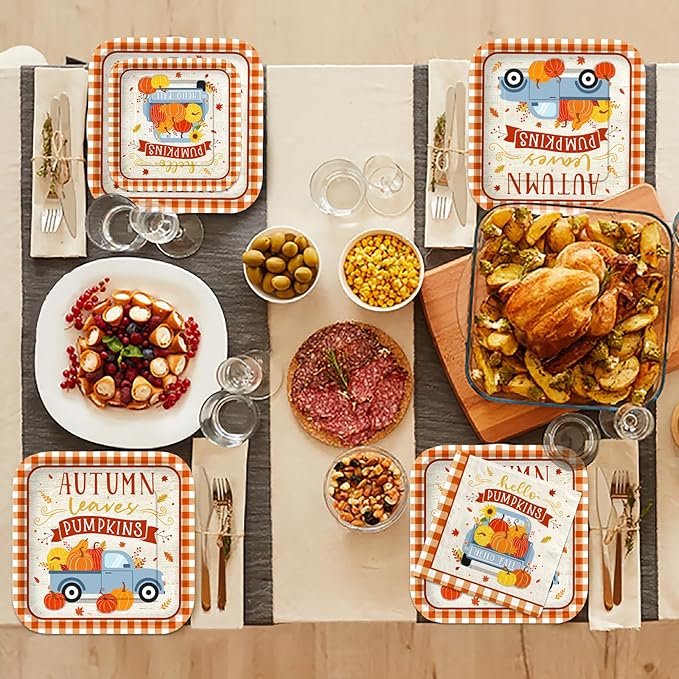 Fall Theme Party Supplies Kit, Serves 25: Complete Autumn Harvest Disposable Dinnerware Set - Includes Dinner & Plates, Napkins, Cups & Tablecloth. Thanksgiving/Autumn Party Decorations.