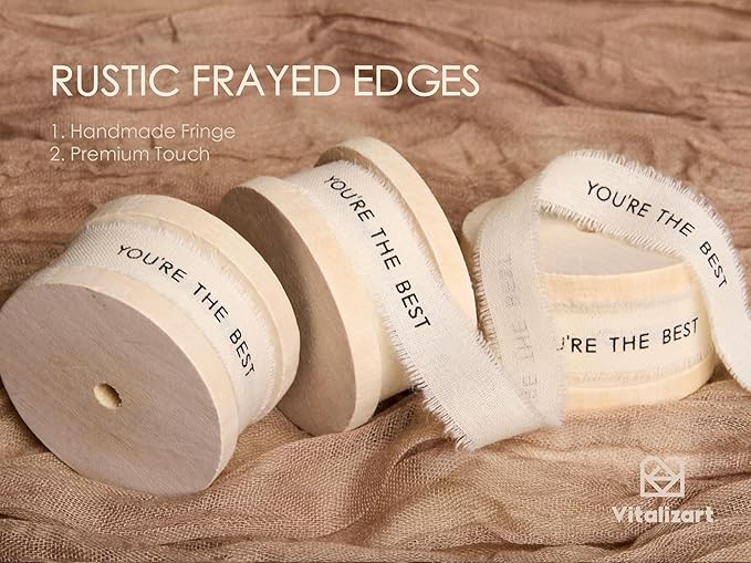 Vitalizart You're The Best Cotton Ribbon 5/8 Inch Cream White Natural Handmade Frayed Fringe Ribbons 15 Yd 3 Rolls for Gift Wrapping Flower Bouquet Decor