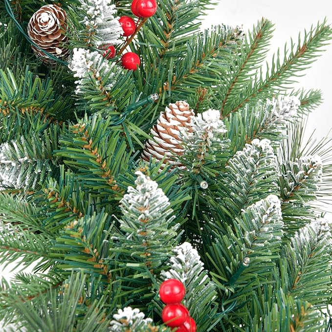 9Ft Artificial Christmas Garland with 50 Lights, Xmas Holiday Decoration Snow Flocked Artificial Garland with Pinecones Berries for Stairs Fireplaces Wall Door for Stairs
