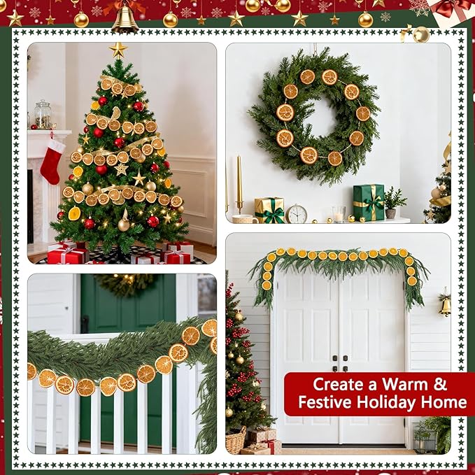 Christmas Garlands Set-6ft Norfolk Pine Garland with Dried Orange Slice,Real Touch Winter Pine Garland Green Artificial Greenery for Christmas Table Fireplace Mantle Xmas Holiday Decoration