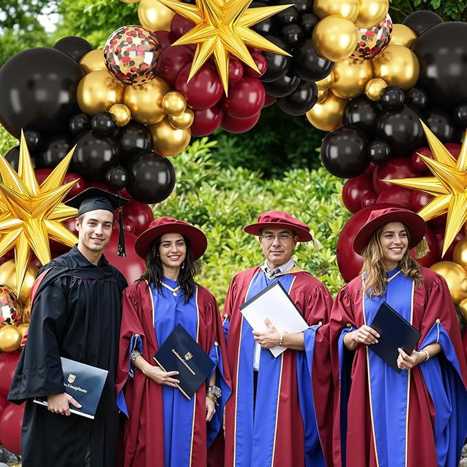 Burgundy Balloon Arch Kit, Black Red Gold Balloon Garland with Star Foil Balloons for Graduation Grad Celebrations Anniversary Wedding Decorations