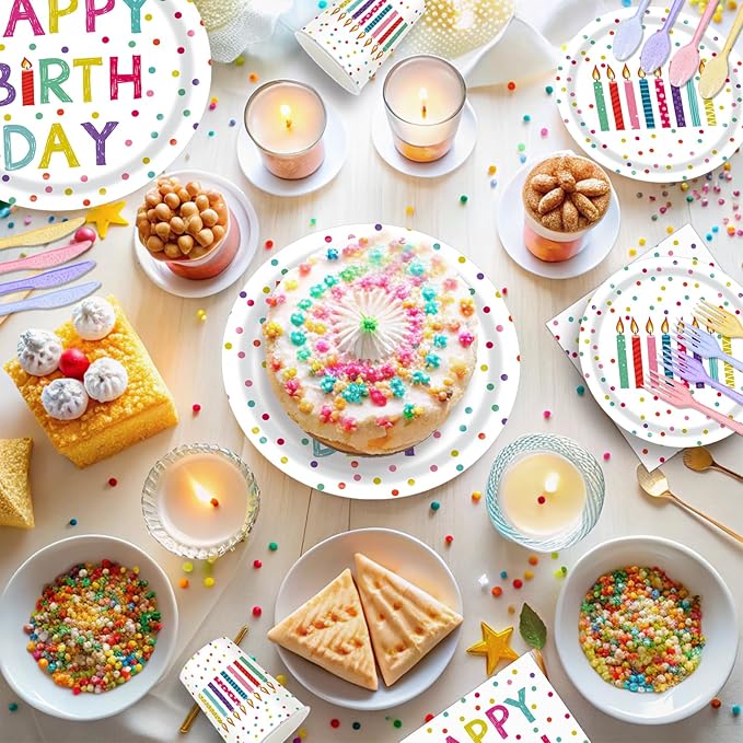 142pcs Happy Birthday Party Supplies Set with Colorful Polka Dots Design- Includes Disposable Paper Birthday Plates and Napkins, Cups, Tablecloth, and Banner,Dots Party Supplies Serves 20 Guests
