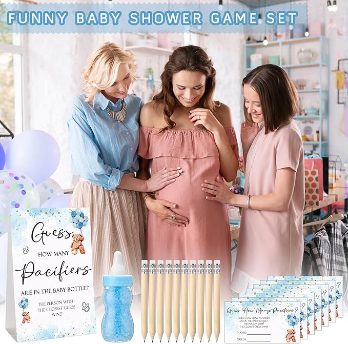 Roowest 512 Pcs Baby Shower Games Guess How Many Pacifiers Sign 100 Small Guessing Games 10 HB Pencils 750ml Milk Bottle 400 Acrylic Pacifiers Decoration for Guest Gender Reveal(Blue,Bear)