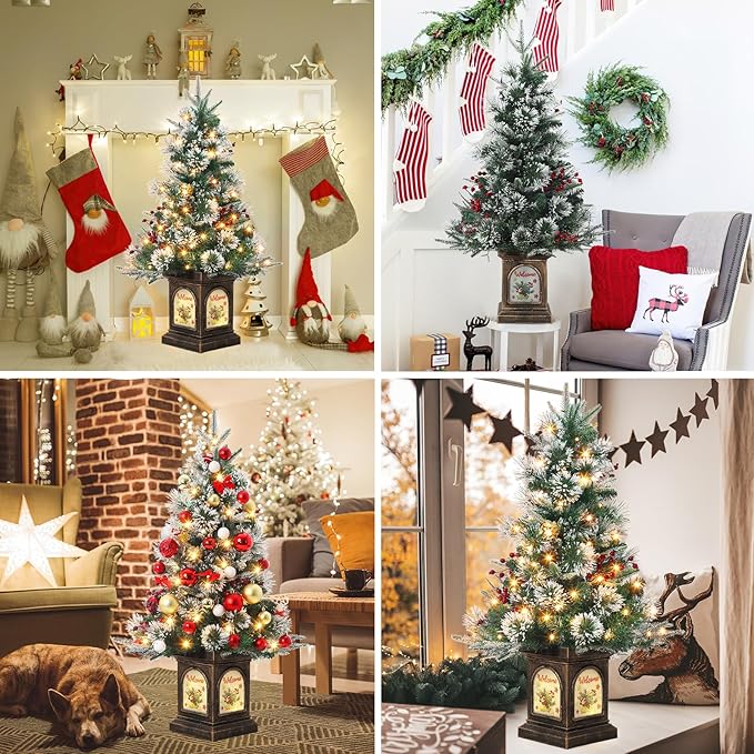 3 ft Prelit Premium Snow Flocked Artificial Christmas Tree with 8 Mode Warm White Led, Mini Prelit Xmas Pine Tree for Christmas Decoration,Yard,Home,Office,Outdoor,Indoor 2 Pack