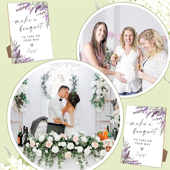 Bouquet Making Sign, Lavender Bridal Shower Decorations, Wedding Reception Table Decorations, Engagement Decor, Purple Floral Wooden Sign with Stand for Wedding Reception And Bridal Party Decor, 19