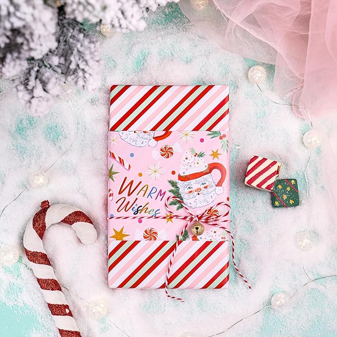 WRAPAHOLIC 30 Inch Jumbo Reversible Christmas Wrapping Paper - 30 Inch x 33 Feet - Santa Claus Cup and Stripe Wrapping Paper for Chrsitmas, Holiday, Party Celebration