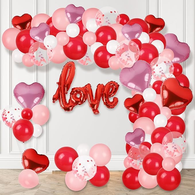 DR.DUDU 263 Pcs Valentines Day Balloon Arch Kit Decorations, Pink/White/Red Balloons Garland Decor with LOVE Heart Balloon Rose Petals for Galentines Day Party Birthday Wedding Proposal Anniversary