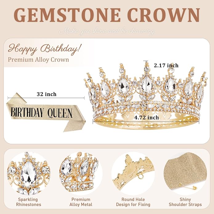 Gold Crown for Women, Crystal Queen Tiaras Headband Wedding Bridal Hair Accessories, Birthday Party Prom Cake Topper