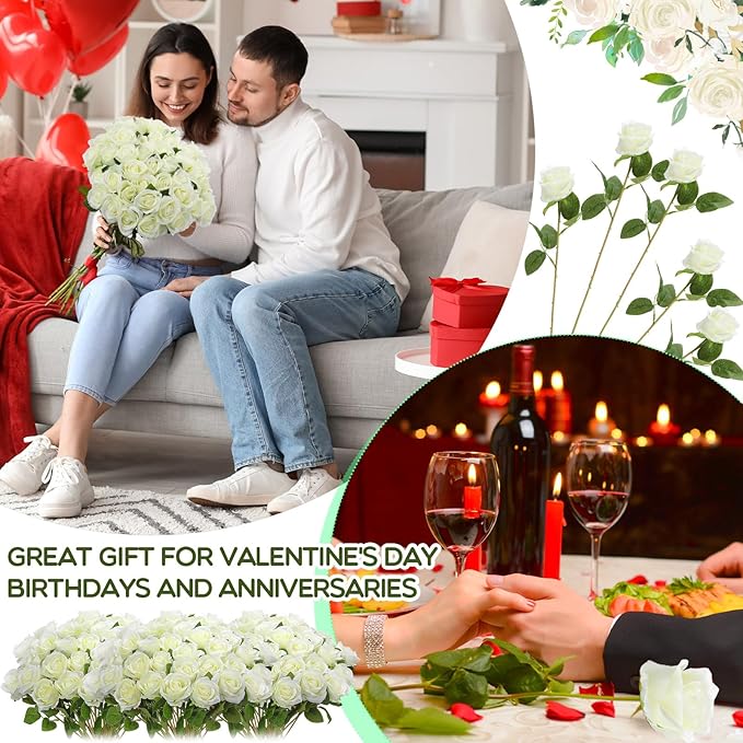 Hotop 80 Pcs Rose Artificial Flowers Bulk with Long Stem, Silk Roses Realistic Fake Flowers Bouquet for Wedding Table Centerpieces Bridal Shower Party Home Decorations(White)