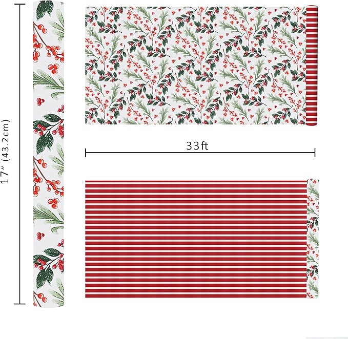 LaRibbons Reversible Christmas Wrapping Paper Roll, Vintage Red Berries & Red Stripe Gift Wrap for Christmas, Season Party, Xmas, 17 Inch x 33 Feet