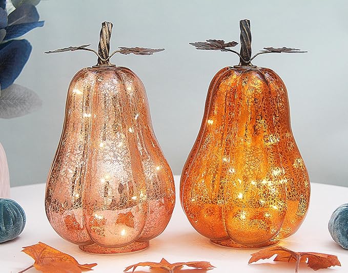 Mercury Glass Pumpkin Lights with Timer, Battery Operated Led Pumpkin Lights for Halloween Fall,Thanksgiving Rustic Decor (Gold Leafy, 11")