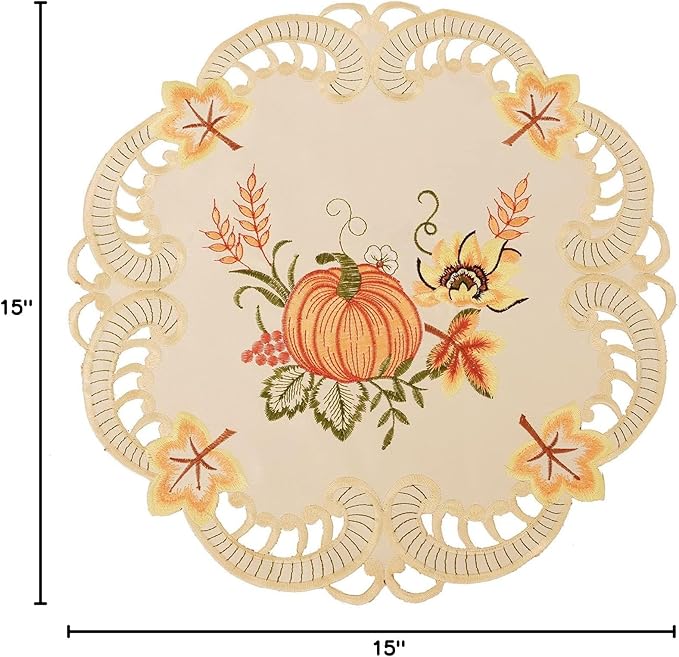 Simhomsen Thanksgiving Harvest Pumpkins Round Doily Placemats for Autumn Or Fall Decorations, Embroidery (15 Inch Round Doily Set of 4)