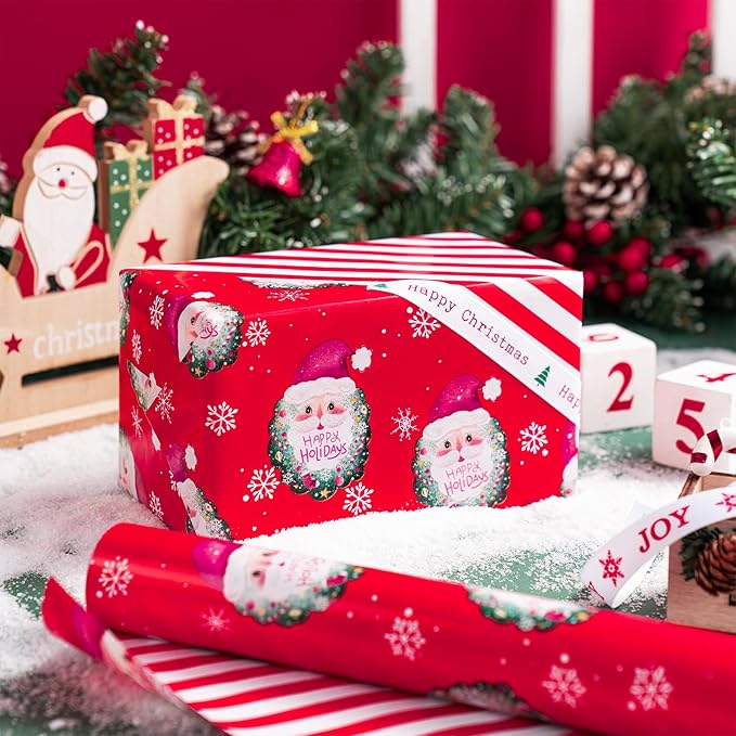 WRAPAHOLIC Reversible Christmas Wrapping Paper - Mini Roll - 17 Inch x 33 Feet - Red Santa Claus and Stripes Design for Christmas, Holiday, Party Celebration