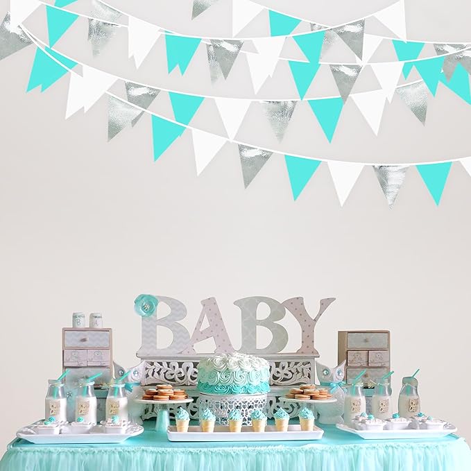 32Ft Teal Blue Silver Party Decorations Silver Aqua Green Fabric Pennant Triangle Banner Flag Streamer Garland for Under The Sea Birthday Ocean Baby Shower Summer Gender Reveal Party Decor Supplies