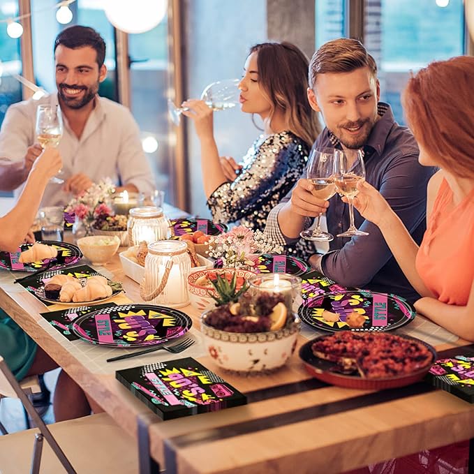 96 PCS Back to the 90s Party Decorations Supplies, Birthday Party Tableware Set 90s Party Dessert Plates Napkins Forks for 24 Guests 80s Favors