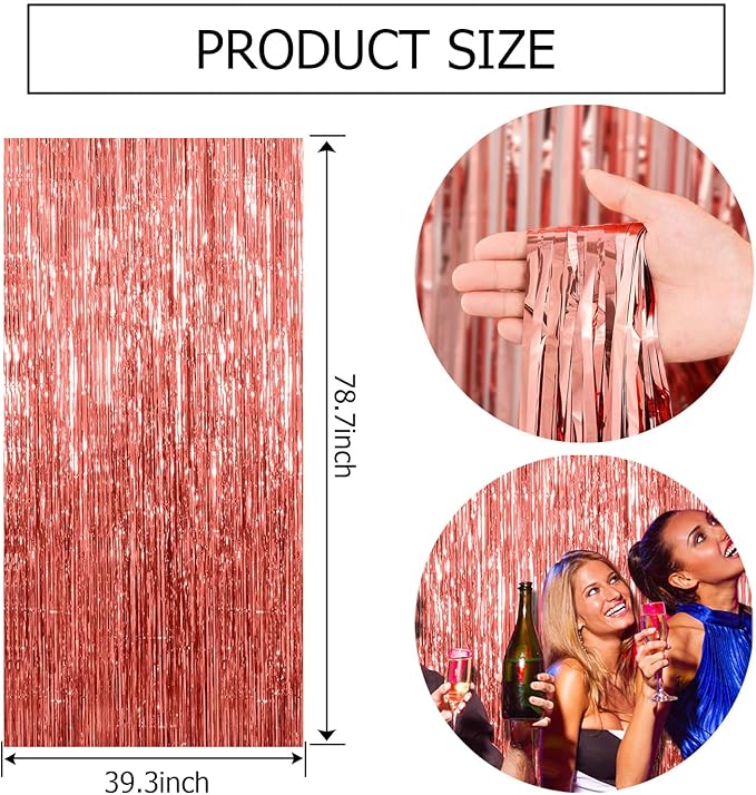 5 Pack Rose Gold Fringe Curtain Backdrop Birthday Bachelorette Party Decorations Metallic Tinsel Streamers Foil Backdrop Christmas Graduation Wedding New Year Party Decorations