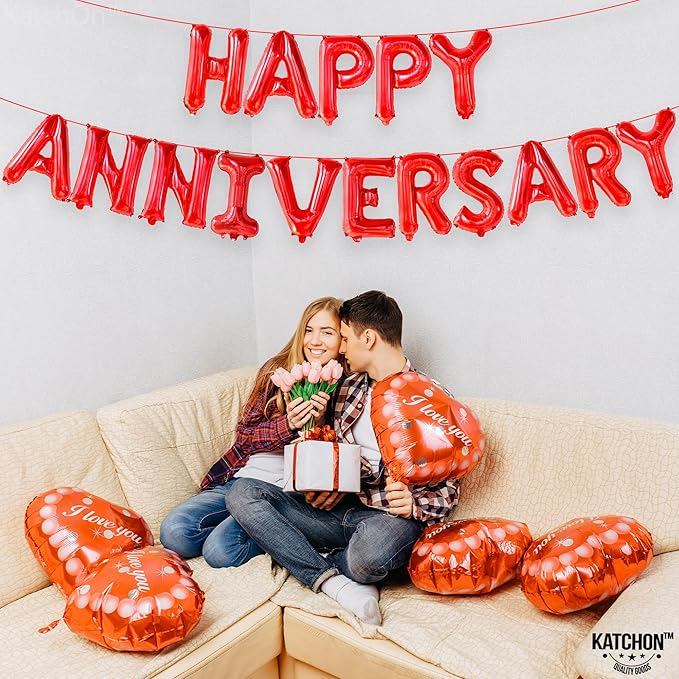 KatchOn, Red 16 Inch Happy Anniversary Balloons | 16 Piece Letter Balloons | Red Anniversary Banner & Backdrop | Self Sealing, Reusable | Ages & Couples