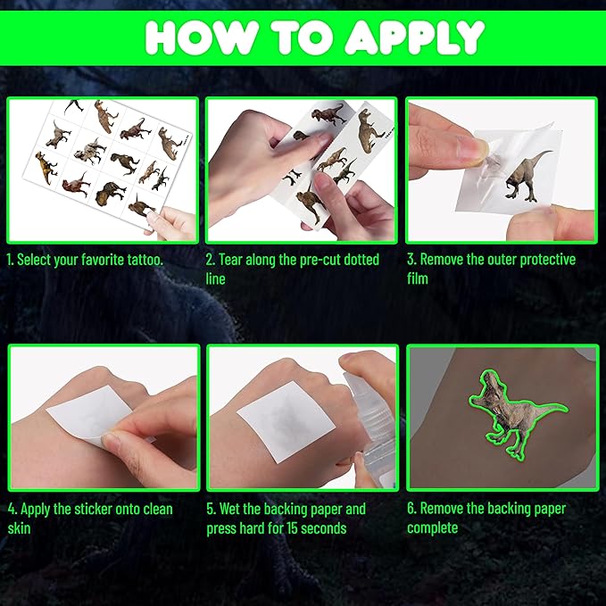 96 PCS T Rex Dinosaur Pre-Cut Temporary Tattoos Birthday Party Decorations Favors Supplies Decor 3D Tyrannosaurus Rex Dino Trex Cute Stickers Boys Girls Gift School Prizes Rewards (Luminous)