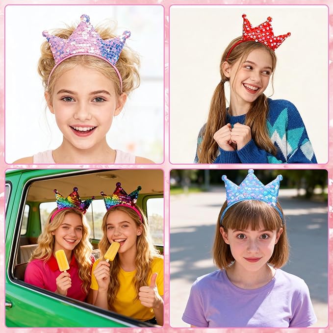 6 PCS Princess Crown Headband,Sequins Crowns Headband,Glitter Headbands Crown Party Favors Glitter Tiara Set for Little Girls & Teens Birthday & Halloween Christmas Party Gifts