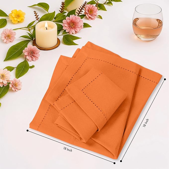 Ruvanti Cloth Napkins - 100% Cotton Dinner Napkins, Hem Stitched Corners, 18x18 Inch, 12 Pack - Soft, Absorbent, Durable, Reusable, Wrinkle Resistant for Formal Dining & Everyday Use - Orange Peel