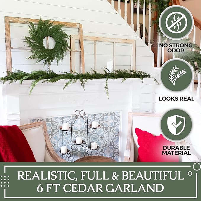 6ft Real Touch Cedar Garland Artificial Realistic 6 ft, Faux Cedar Garland Realistic, Realistic Christmas Garland for Mantle, Stairs, Table, Fireplace Real Touch Garlands Fireplace