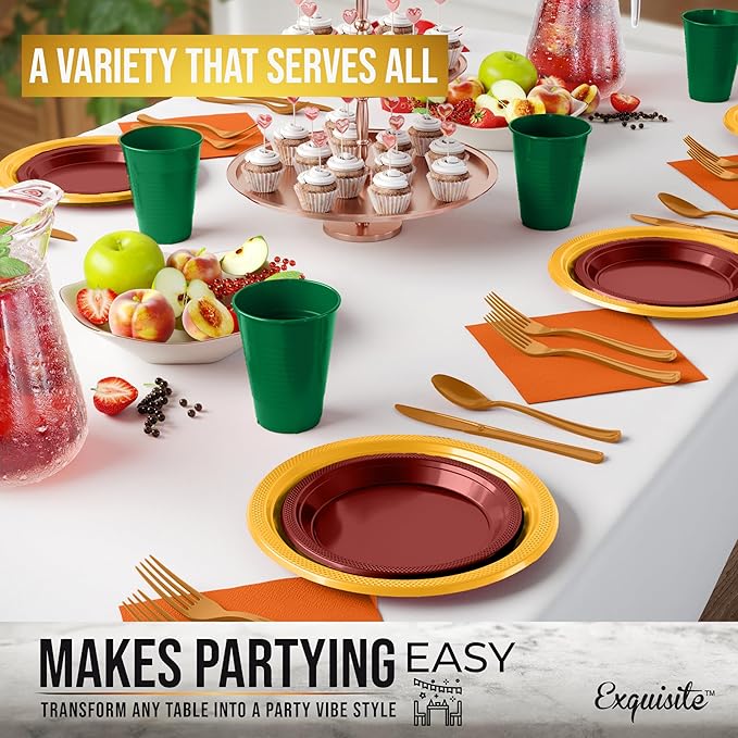 Party Solids 350 Pieces Thanksgiving Plastic Plates For Party, Thanksgiving Disposable Plates Set, 50 Of Each 9" Dinner Plate Set, 7" Dessert Plate, Cups, Napkins & Cutlery Plastic Dinnerware