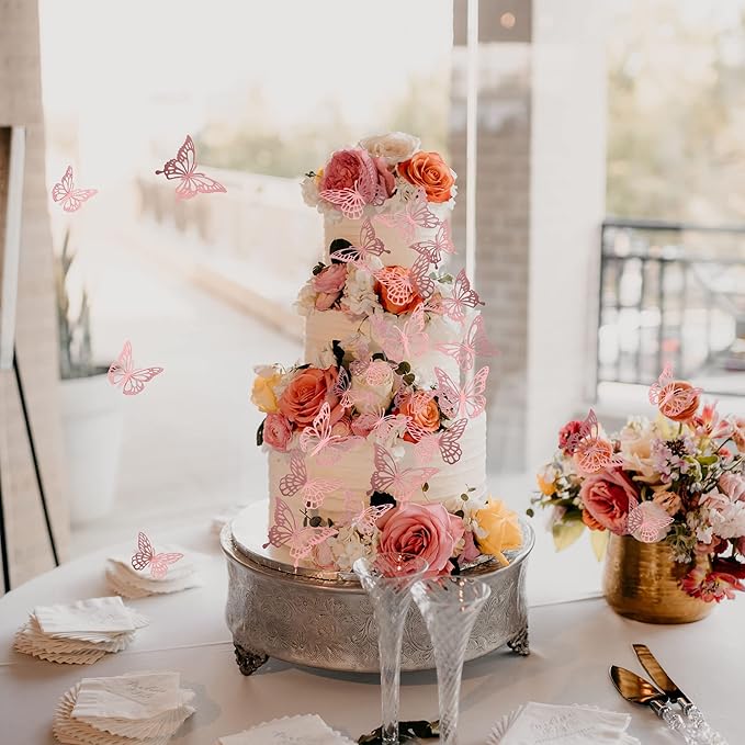 40 PCS Lively 3D Butterfly Cupcake Toppers - Laser Cut Hollow Butterfly Cake Decorations for Baby Shower, Wedding, Anniversary & Birthday Parties - Mixed Styles, Rose Gold