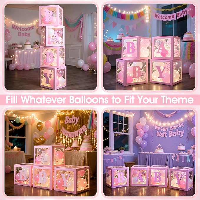 Ledido Baby Boxes with Letters for Baby Shower Decoration, 4 pcs Clear Baby Balloon Boxes Blocks with LED Fairy String Lights 38 Balloons for Boy Girl Gender Reveal Birthday Party (Pink)