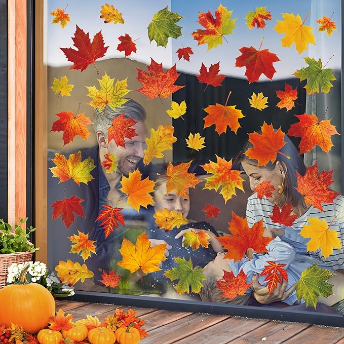 9 Sheets Fall Maple Leaves Window Clings Fall Leaves Double-Sided Window Decals Autumn Maple Leaf Windows Stickers for Autumn Thanksgiving Harvest Home Glass Living Room Bedroom Decoration