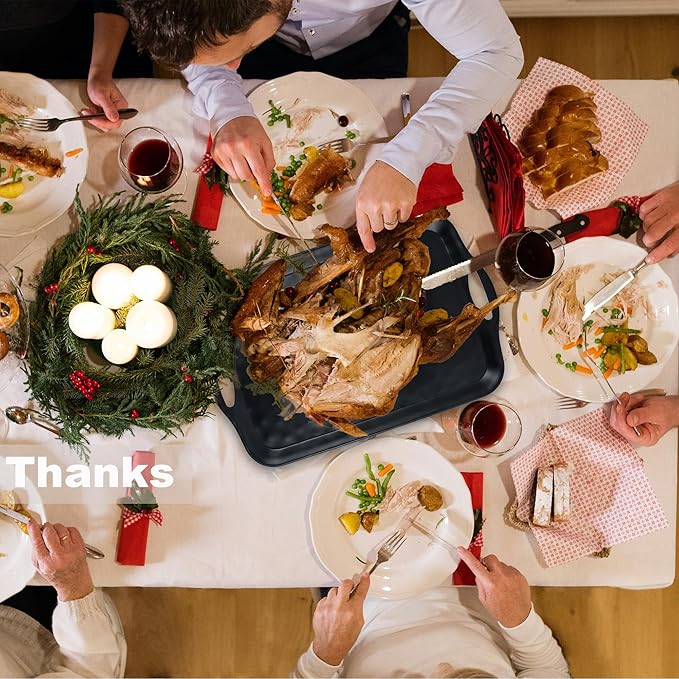 Extra Large Serving Tray with Handles, 20x13 inch, Set of 2 Melamine Platters for Serving Food, Turkey, Cookie, Rectangular Trays for Eating, Raised Dots Matt Finished, Dishwasher Safe, Black