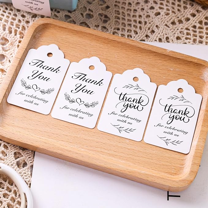 SallyFashion 100PCS Thank You Tags, 1.7 x 2.8 inch White Paper Gift Tags with Strings for Wedding Bridal Party Baby Shower Invitation