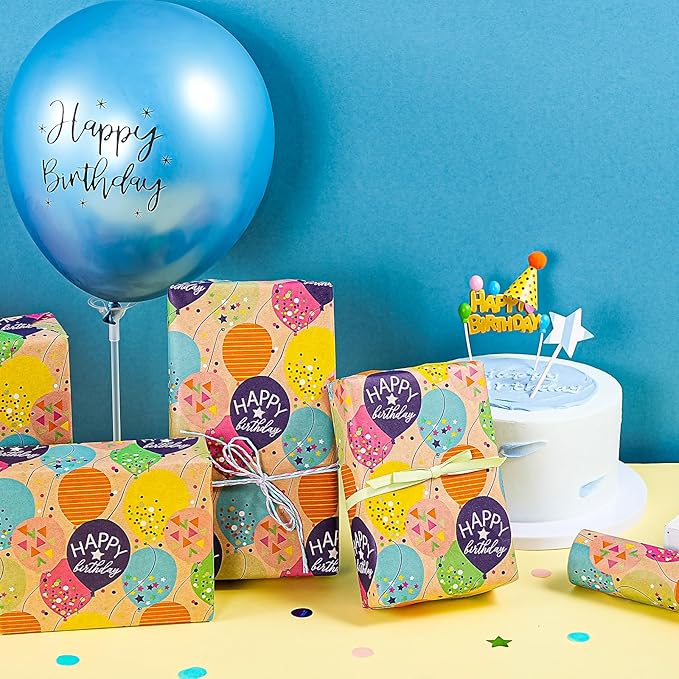 WRAPAHOLIC Kraft Birthday Wrapping Paper Roll - Mini Roll - 17 Inch x 9.8 Feet - Colorful Balloon with Confetti Design for Girls Boys Kids, Baby Shower, Party