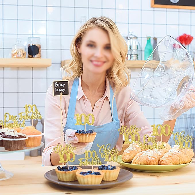 30PCS Happy 100th Birthday Cupcake Toppers One Hundred Cheers to 100 Years Birthday Cupcake Picks Hello 100 Fabulous Cake Decorations for Happy 100th Birthday Anniversary Party Supplies Gold