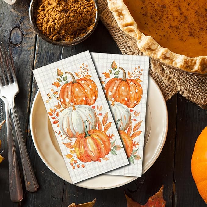 100 Pcs Fall Pumpkin Guest Napkins Thanksgiving Disposable Hand Towels for Bathroom Maple Leaf Orange Pumpkins Decorative Napkins for Autumn Harvest Thanksgiving Party