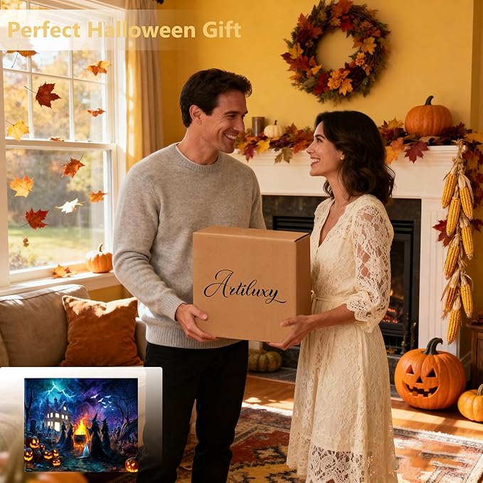 Halloween LED Wall Art 20x16 Inch-Haunted Home Gift, Lighted Canvas Decor with Pumpkin Haunted House Witch & Skull, Battery Powered with Timer, Spooky Indoor Decor for Halloween Party