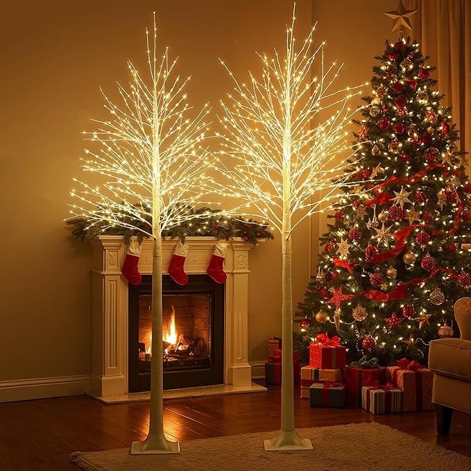 Baquler 2 Pack Lighted Birch Tree - Large Christmas Warm-White LED 8 Mode Light Birch Tree Decoration Set for Thanksgiving Holiday Fall Winter Party Decor, Indoor & Outdoor (8 ft)