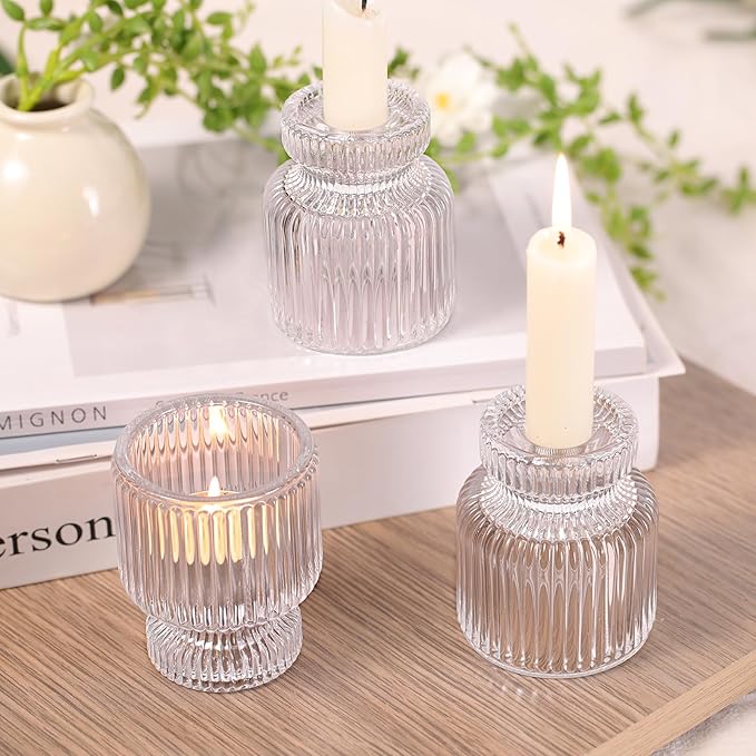 DARJEN 12 Pcs Glass Candlestick Holders- Clear Taper Candle Holders Tealight Votive Candle Holders for Table Centerpieces, Wedding, Dinner Party, Home Decor