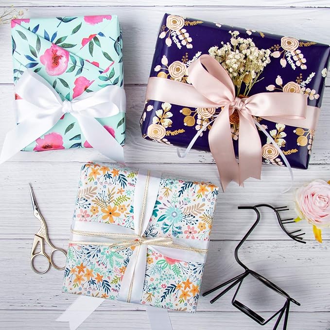 WRAPAHOLIC Floral Wrapping Paper Roll - Mini Roll - 17 Inch x 33 Feet - Spring Summer Garden Flower Design Perfect for Wedding, Bridal Shower, Birthday, Baby Shower